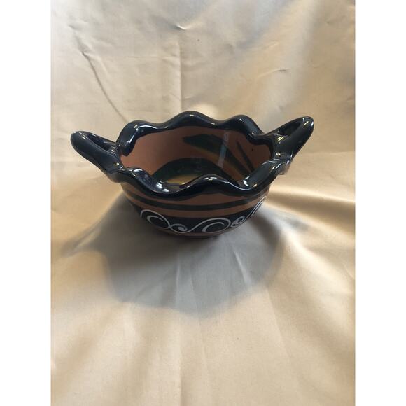 Tonala Hand-painted, Mexico Ceramic Decorative Bowl Brown/blue Glazed W Handles - Picture 1 of 7
